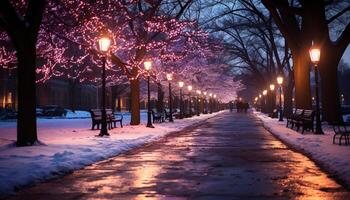 ai generato inverno notte neve coperto albero illuminato di strada leggero generato di ai foto