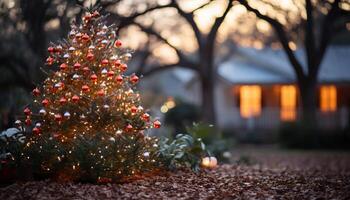 ai generato Natale albero illuminato con raggiante Natale luci generato di ai foto