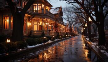 ai generato inverno notte illuminato albero, neve, crepuscolo, architettura, lanterna generato di ai foto