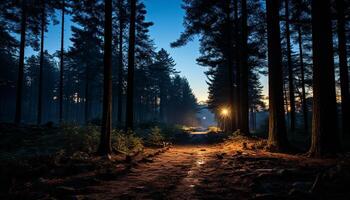 ai generato misterioso crepuscolo, pino albero silhouette, tranquillo natura selvaggia generato di ai foto