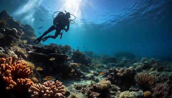 ai generato immersione in blu acqua, esplorando subacqueo Paradiso generato di ai foto