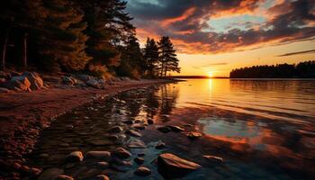 ai generato tramonto al di sopra di il tranquillo costa, natura vivace bellezza generato di ai foto