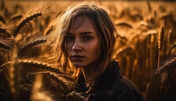 ai generato giovane donna nel rurale scena, guardare a telecamera, sorridente nel tramonto generato di ai foto