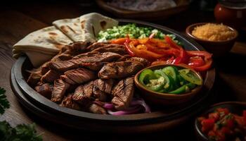 ai generato grigliato Manzo bistecca con pomodoro, verdura, e fatti in casa guacamole generato di ai foto