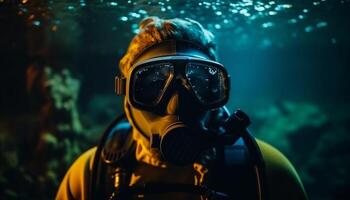 ai generato uno persona immersione sott'acqua, indossare protettivo maschera e abbigliamento da lavoro generato di ai foto