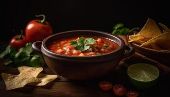 ai generato fresco pomodoro la minestra, un' buongustaio vegetariano aperitivo su un' di legno tavolo generato di ai foto