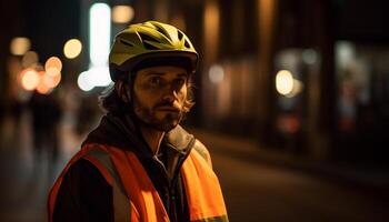 ai generato un' giovane adulto uomo Ciclismo nel il città a notte generato di ai foto