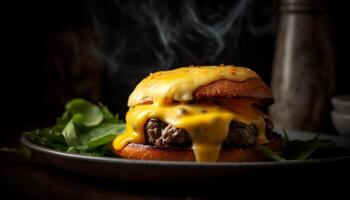 ai generato grigliato carne su un' di legno tavolo, un' buongustaio hamburger al formaggio pasto generato di ai foto