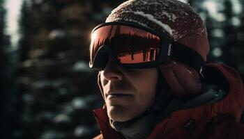 ai generato un' giovane uomo gode inverno all'aperto, sciare nel il montagne generato di ai foto