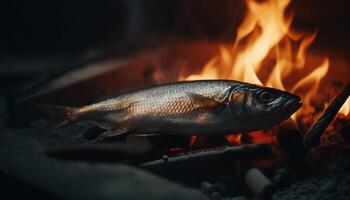 ai generato grigliato pesce su un' barbecue, un' delizioso e salutare pasto generato di ai foto