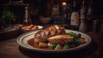 ai generato grigliato carne filetto su un' di legno piatto, salutare pranzo opzione generato di ai foto