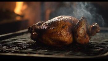 ai generato grigliato carne su fuoco, naturale calore, barbecue pollo, cucinato pollame generato di ai foto