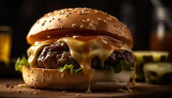 ai generato grigliato Manzo hamburger con formaggio, pomodoro, cipolla su buongustaio pane generato di ai foto