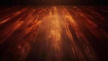 ai generato di legno pavimentazione, buio sfondo, a strisce modello, illuminato notte, vecchio legname generato di ai foto