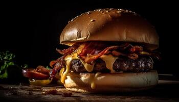 ai generato grigliato Manzo hamburger, buongustaio pasto, americano cultura su di legno piatto generato di ai foto