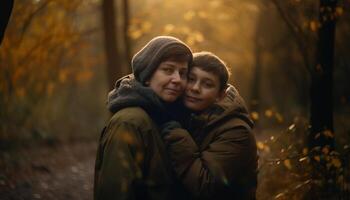 ai generato un' contento famiglia godendo il autunno foresta, Abbracciare una persona e sorridente generato di ai foto