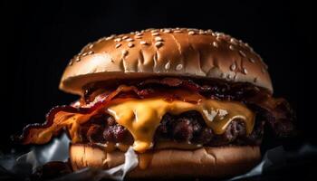 ai generato grigliato Manzo hamburger su pane, americano pranzo con malsano patatine fritte generato di ai foto