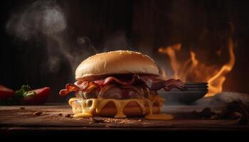 ai generato grigliato Manzo hamburger su di legno tavolo, un' buongustaio pasto generato di ai foto