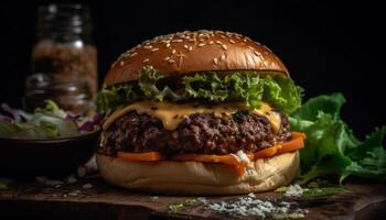 ai generato grigliato Manzo hamburger con formaggio, cipolla, pomodoro su sesamo ciambella generato di ai foto