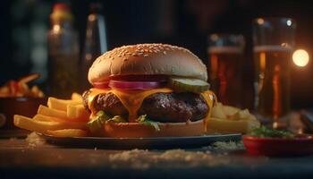 ai generato buongustaio hamburger, grigliato carne, fresco pomodoro, malsano veloce cibo generato di ai foto