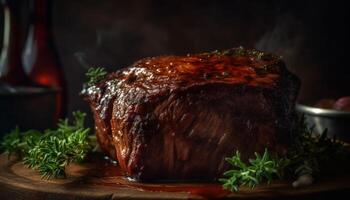 ai generato grigliato bistecca, cucinato per perfezione, un' buongustaio barbecue pasto generato di ai foto