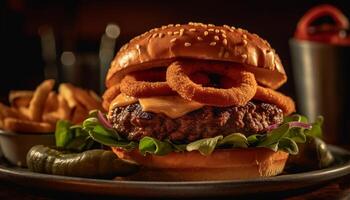 ai generato grigliato Manzo hamburger con formaggio, pomodoro, e francese patatine fritte pasto generato di ai foto