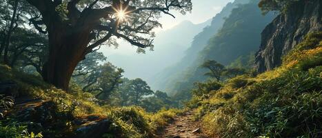 ai generato maestoso montagna picchi crescente sopra il nebbioso alpino foresta foto