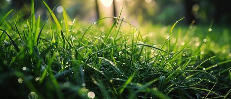 ai generato fresco verde erba coperto con rugiada gocce luccica nel il caldo leggero di un' Alba foto