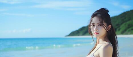 ai generato sereno spiaggia ritratto di asiatico donna foto