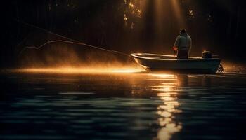 ai generato uomini Lavorando all'aperto, pesca nel un' nautico nave a crepuscolo generato di ai foto