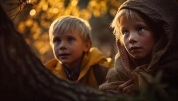 ai generato Due ragazzi giocando nel il autunno foresta, pieno di felicità generato di ai foto