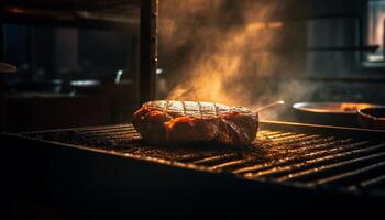 ai generato grigliato bistecca su un' piatto, cucinato per perfezione al di sopra di fuoco generato di ai foto
