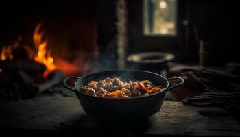 ai generato grigliato carne su rustico di legno tavolo, cucinato per perfezione generato di ai foto