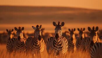 ai generato a strisce zebra mandria pascolo nel africano savana a tramonto generato di ai foto