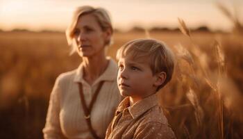 ai generato un' amorevole famiglia gode il tramonto nel il prato insieme generato di ai foto