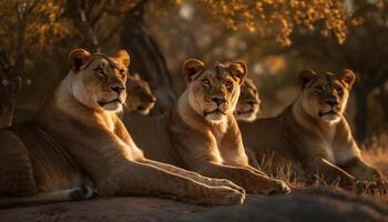ai generato leonessa e cuccioli riposo nel il africano natura selvaggia, maestoso famiglia generato di ai foto