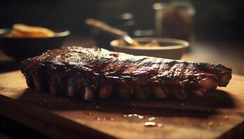 ai generato grigliato bistecca, Manzo filetto, cucinato per perfezione su barbecue griglia generato di ai foto