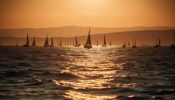 ai generato barca a vela andare in barca a tramonto, acqua riflettendo il tranquillo bellezza generato di ai foto