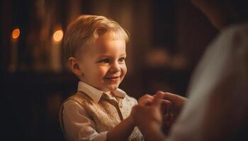 ai generato un' carino, sorridente bambino porta felicità per il famiglia in casa generato di ai foto