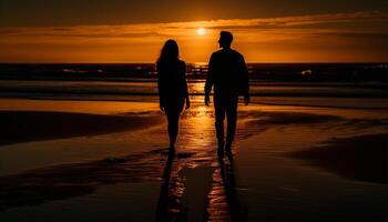 ai generato un' coppia a piedi su il spiaggia, godendo il tramonto insieme generato di ai foto