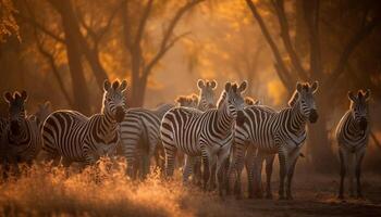 ai generato zebra mandria pascolo nel il africano savana, circondato di bellezza generato di ai foto