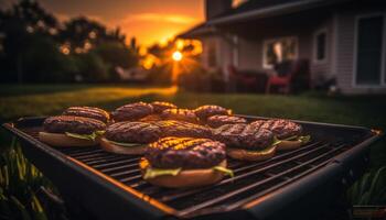 ai generato grigliato carne sfrigola su il barbecue, un' estate picnic diletto generato di ai foto