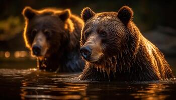 ai generato maestoso grizzly orso nuoto nel stagno, riflettendo bellezza di natura generato di ai foto