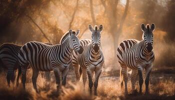 ai generato zebra mandria pascolo su il savana, bellezza nel natura modello generato di ai foto