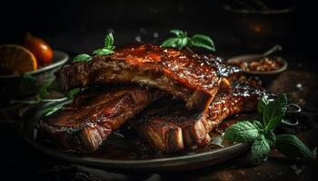 ai generato grigliato carne, cucinato Maiale, rustico il pranzo, freschezza su un' piatto generato di ai foto