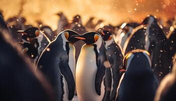 ai generato un' gruppo di pinguini danza nel il neve, festeggiare solidarieta generato di ai foto