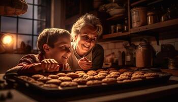 ai generato bambini cottura al forno biscotti nel un' domestico cucina, sorridente e avendo divertimento generato di ai foto