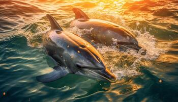 ai generato giocoso delfino nuoto nel il blu mare, spruzzi e immersione generato di ai foto