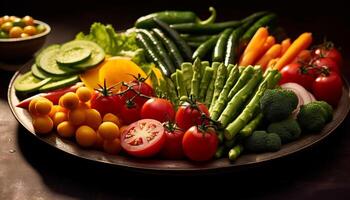 ai generato freschezza di biologico verdure su di legno tavolo, salutare mangiare insalata generato di ai foto