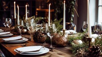 ai generato tavolo arredamento, vacanza tablescape e formale cena tavolo ambientazione per Natale, vacanze e evento celebrazione, inglese nazione decorazione e casa messa in piega foto